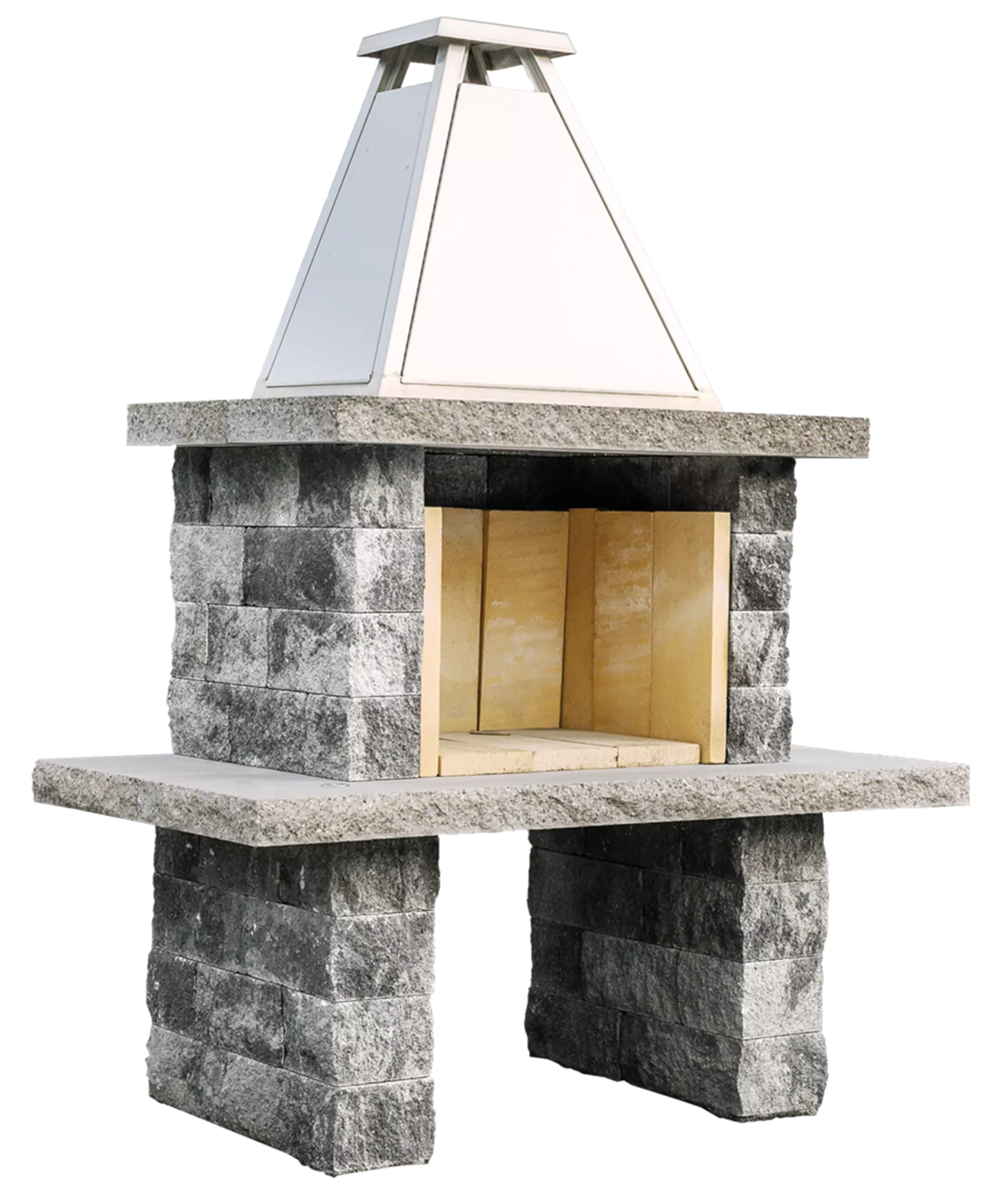 SANTURO Cheminée mit Chromstahlhut Set aus Spaltsteinmauerstein gespalten schwarz-weiss inkl. Betonplatten u. Schamott-Steinen